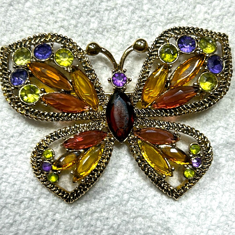 Vintage Signed Monet Jeweled Gold Tone Butterfly Pin Brooch
